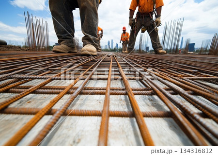 Active Construction Site with Workers and Rebar on a Wide-Angle Perspective Active Construction Site with Workers and Rebar on a Wide-Angle Perspective 134316812