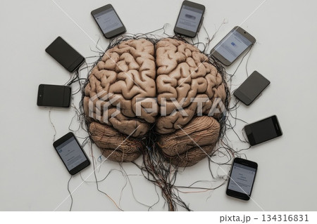 Human Brain Surrounded by Smartphones Representing Information Saturation Concept 134316831