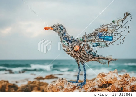 Seagull Sculpture Formed from Tangled Fishing Nets on Rocky Shoreline 134316842