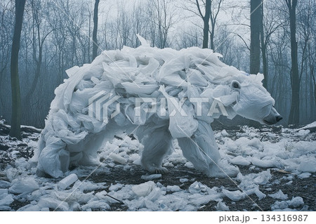 Bear Made of Shredded Plastic Bags Wandering Through a Misty Forest Landscape 134316987