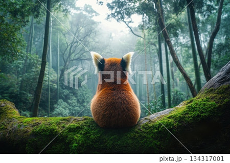 Back View of a Red Panda Sitting on a Mossy Log in a Lush Green Forest Back View of a Red Panda Sitting on a Mossy Log in a Lush Green Forest 134317001