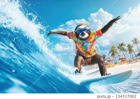 Lively Sloth Surfing in Colorful Summer Shirt with Fun Beach Vibes Lively Sloth Surfing in Colorful Summer Shirt with Fun Beach Vibes 134317002