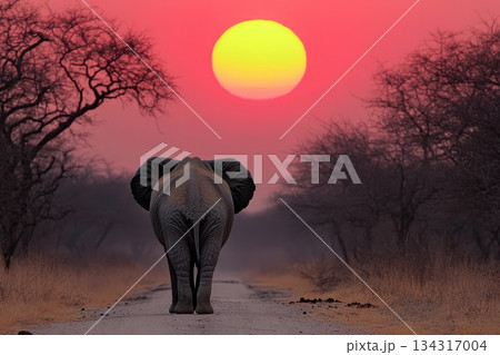 Back View of an Elephant Standing on a Dusty Savanna at Sunset with Vibrant Colors 134317004