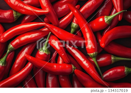 Bright Red Chili Peppers Full Frame Display on Dark Background Bright Red Chili Peppers Full Frame Display on Dark Background 134317019