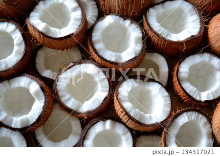 Thick Cut Coconut Shells in Full Screen Arrangement for Wallpaper Design Thick Cut Coconut Shells in Full Screen Arrangement for Wallpaper Design 134317021