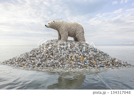 Polar Bear Stands on Plastic Waste Island Highlighting Environmental Crisis Polar Bear Stands on Plastic Waste Island Highlighting Environmental Crisis 134317048