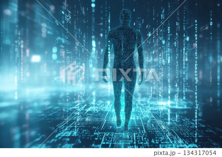 Glowing Human Figure Composed of Data Points in a Futuristic Digital Environment 134317054