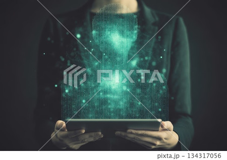 Recruiters Holding a Tablet Displaying Digital Data and Holographic Image Recruiters Holding a Tablet Displaying Digital Data and Holographic Image 134317056