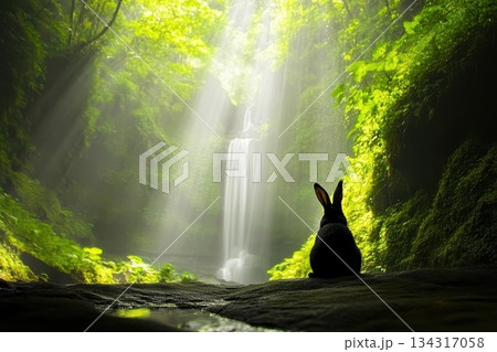 Fluffy Rabbit Sitting in Lush Green Garden with Gentle Light and Waterfall Fluffy Rabbit Sitting in Lush Green Garden with Gentle Light and Waterfall 134317058