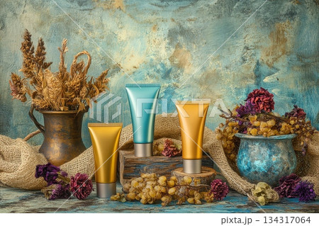 Stylish Display of Metallic Tubes on Rustic Background with Dried Flowers and Textures 134317064