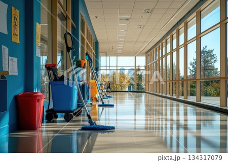 Bright and Spacious Office Corridor with Cleaning Equipment and Trolley Arranged Neatly Bright and Spacious Office Corridor with Cleaning Equipment and Trolley Arranged Neatly 134317079