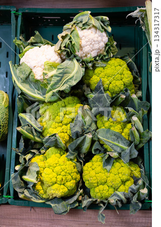 Fresh cauliflower on the store counter 134317317