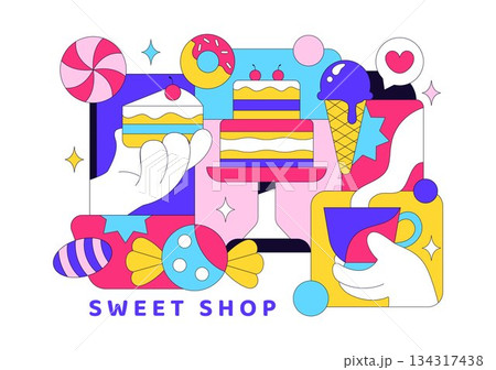 Sweet Shop Vector Illustration Featuring Sales Of Various Bakery Products Including Cupcakes Cakes Pastries And Candy In Flat Style Cartoon Background 134317438