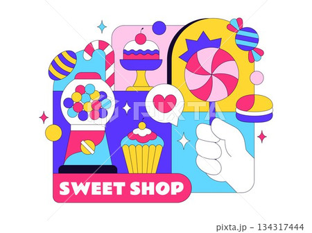 Sweet Shop Vector Illustration Featuring Sales Of Various Bakery Products Including Cupcakes Cakes Pastries And Candy In Flat Style Cartoon Background 134317444