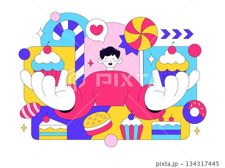 Sweet Shop Vector Illustration Featuring Sales Of Various Bakery Products Including Cupcakes Cakes Pastries And Candy In Flat Style Cartoon Background 134317445