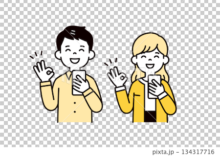 スマートフォンを持って笑顔でOKサインをする、若い男女・社員・夫婦のベクターイラスト素材 スマートフォンを持って笑顔でOKサインをする、若い男女・社員・夫婦のベクターイラスト素材 134317716