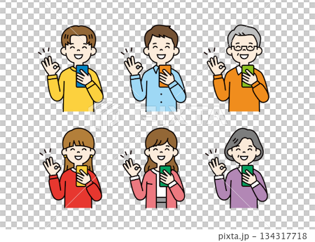 Vector illustration set of a three-generation family holding a smartphone and making an OK sign_Color Vector illustration set of a three-generation family holding a smartphone and making an OK sign_Color 134317718