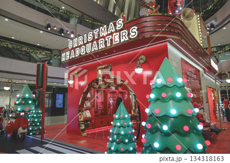 Christmas decorations glowing brightly around IFC Hong Kong mall 134318163
