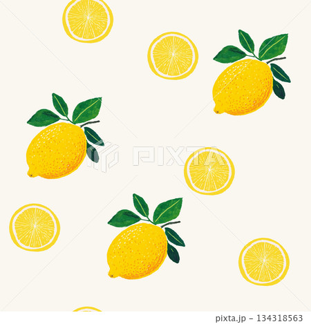 ミニマムな手描きレモンと輪切りレモンのシームレス背景パターン 134318563