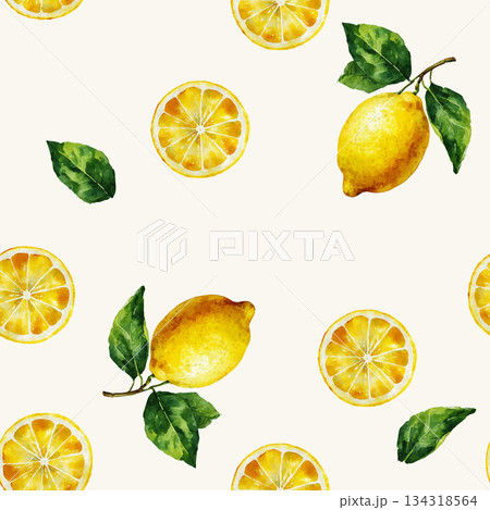 手描き水彩風レモンのシームレスパターン 134318564