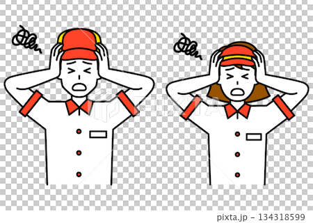 Set of male and female fast food restaurant employees holding their heads in worry Set of male and female fast food restaurant employees holding their heads in worry 134318599