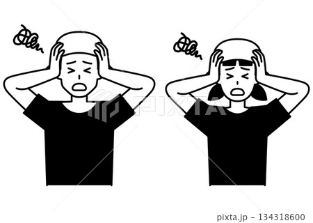 頭を抱えて悩む居酒屋の男女の店員　セット 134318600