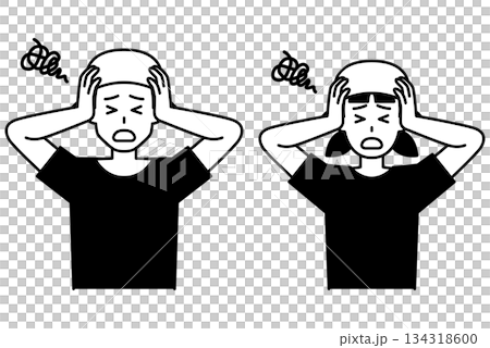 頭を抱えて悩む居酒屋の男女の店員　セット 134318600