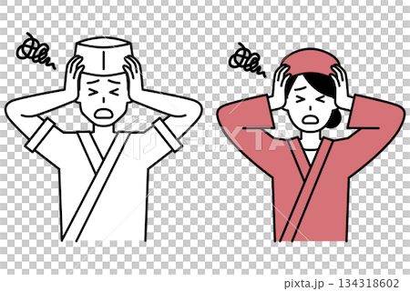 Set of male and female staff at a Japanese restaurant holding their heads in worry Set of male and female staff at a Japanese restaurant holding their heads in worry 134318602