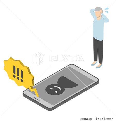 電話からの強い口調に慌てるシニア女性2・アイソメトリック 電話からの強い口調に慌てるシニア女性2・アイソメトリック 134318667