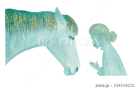Gentle moment between horse person, watercolor illustration set isolated on white painted in turquoise, golden accent. Perfect for animal design, trust, kindness, communication, emotional storytelling Gentle moment between horse person, watercolor illustration set isolated on white painted in turquoise, golden accent. Perfect for animal design, trust, kindness, communication, emotional storytelling 134319222