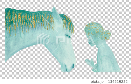 Gentle moment between horse person, watercolor illustration set isolated on white painted in turquoise, golden accent. Perfect for animal design, trust, kindness, communication, emotional storytelling Gentle moment between horse person, watercolor illustration set isolated on white painted in turquoise, golden accent. Perfect for animal design, trust, kindness, communication, emotional storytelling 134319222