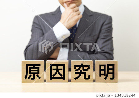 「原因究明」と書かれたブロックとビジネスマン 「原因究明」と書かれたブロックとビジネスマン 134319244