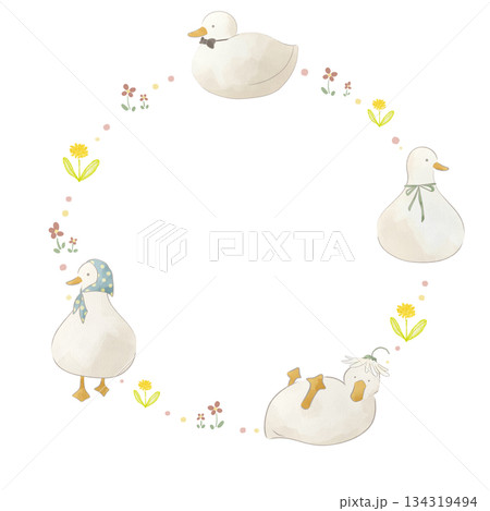 水彩風のアヒルたちのかわいいフレームイラスト 134319494