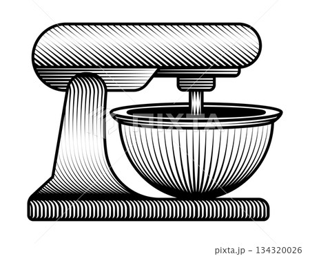classic electric stand mixer illustration in vintage woodcut style black and white kitchen appliance for baking and dough kneading retro machine classic electric stand mixer illustration in vintage woodcut style black and white kitchen appliance for baking and dough kneading retro machine 134320026