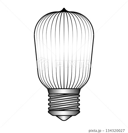 retro edison light bulb illustration in vintage woodcut style black and white vector art isolated electric lamp for idea concept or antique decor 134320027