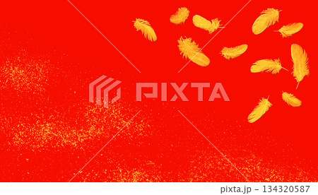 赤漆風の背景に金箔の羽根、和風の伝統工芸「蒔絵」のイメージ 赤漆風の背景に金箔の羽根、和風の伝統工芸「蒔絵」のイメージ 134320587