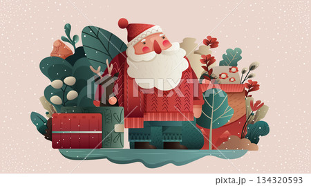 Santa Christmas holiday celebration festive scene with Santa Claus reindeer gifts winter plants snow abstract background decorative foliage 134320593
