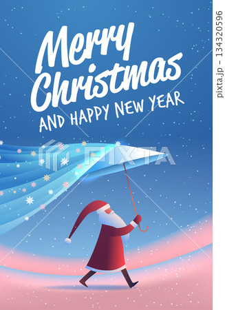Santa Christmas New Year 2026 celebration winter scene with Santa holding umbrella under paper airplane snowflakes blue pink gradient background 134320596