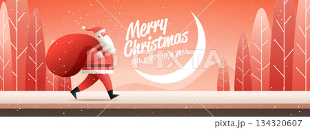 Santa Christmas winter landscape walking with sack snow falling red trees crescent moon festive holiday scene horizontal web banner 134320607
