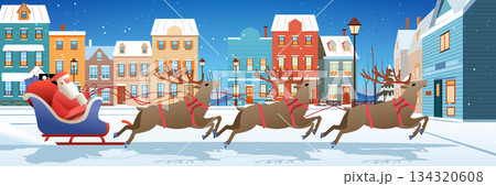 Santa Christmas sleigh reindeer winter town snowy festive houses presents night sky snow falling holiday celebration banner 134320608