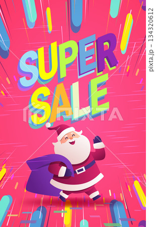 Santa Christmas super sale festive shopping concept cheerful Santa character running with gift sack dynamic colorful abstract background retail promotion 134320612