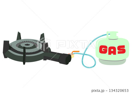 鋳物コンロにガスボンベをつないだ【閉】の状態のイラスト 134320653