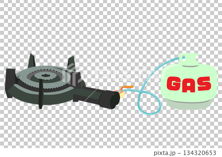 鋳物コンロにガスボンベをつないだ【閉】の状態のイラスト 134320653
