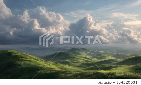 光が差す壮大な山景色 134320681