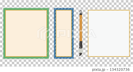 筆と短冊・色紙のシンプルなフレームセット 和風のベクターイラスト素材 134320736