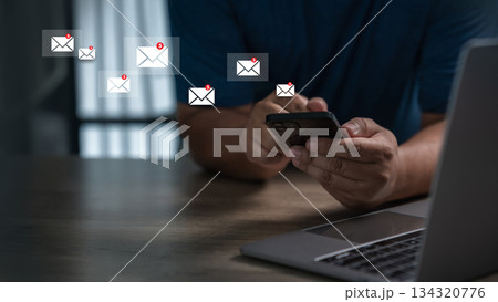 man using phone for email notification alert, Online communication message alert Message Online digital mail notifications man using phone for email notification alert, Online communication message alert Message Online digital mail notifications 134320776
