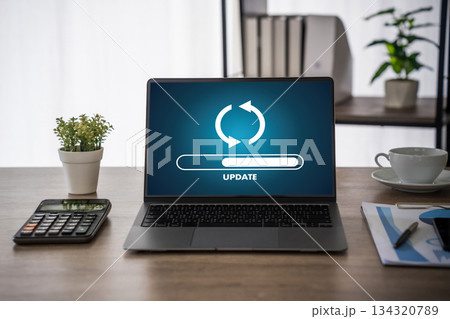 Update software application Person using laptop with software update progress interface and security, technology update digital transformation concept. 134320789