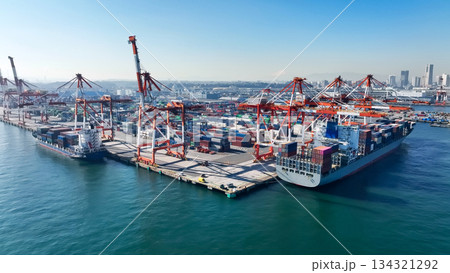 港湾コンテナヤードのドローン空撮 134321292