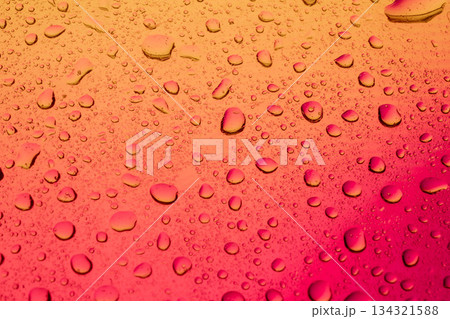 Macro shot of water drops on a window with vibrant magenta and red gradient light. Fresh liquid pattern. 134321588