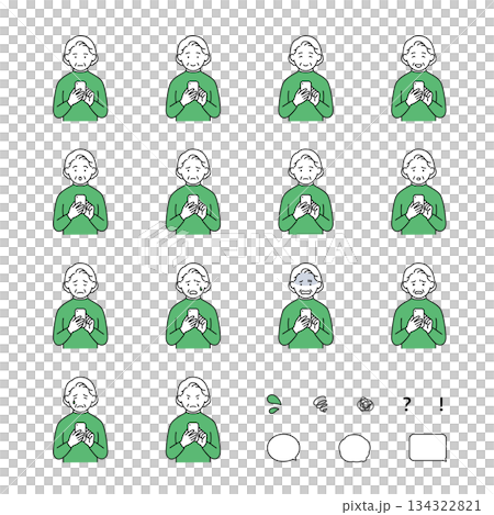 一群老年女性操作智慧型手機的臉部表情（包含喜悅、憤怒、悲傷、煩惱和圖標）綠色 134322821